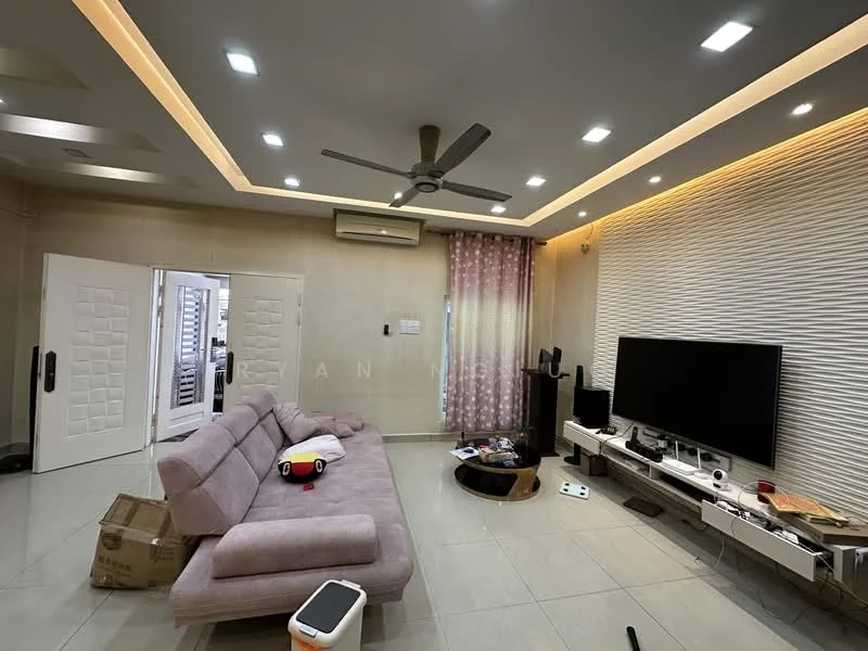 Living features: 3-seater fabric sofa in light grey, coffee table, wall-mounted TV, TV console, recessed LED downlights, ceiling fan with light, cream painted walls, light grey tiled flooring, curtains with floral pattern, decorative wall paneling, air conditioning unit; style: modern.