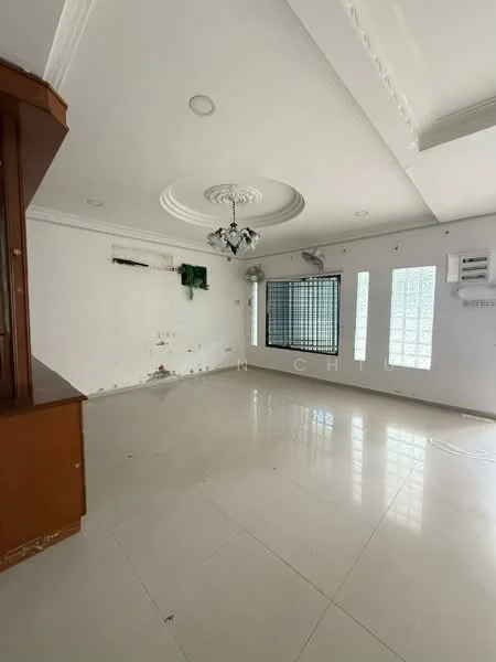 Living features: white painted walls, glossy tile flooring, tray ceiling with decorative moulding, chandelier, floor-to-ceiling windows, sliding glass door, wall-mounted split AC, built-in wooden cabinetry; style: modern.