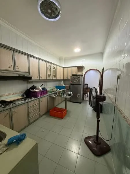 Kitchen features: light wood cabinetry, grey countertop, double-bowl stainless-steel sink, built-in oven, freestanding fridge, ceramic tile flooring, wall-mounted fan, white tiled walls, recessed ceiling lights, open shelving, kitchen island, kitchen utensils and containers visible; style: traditional.