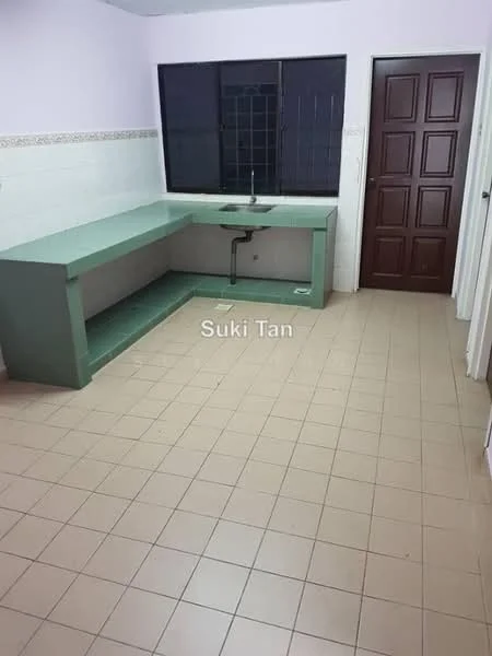 Room features: green countertop, single-bowl sink, white tiled backsplash, cream tiled flooring, dark wooden door, large window, wall-mounted cabinetry, neutral wall color.