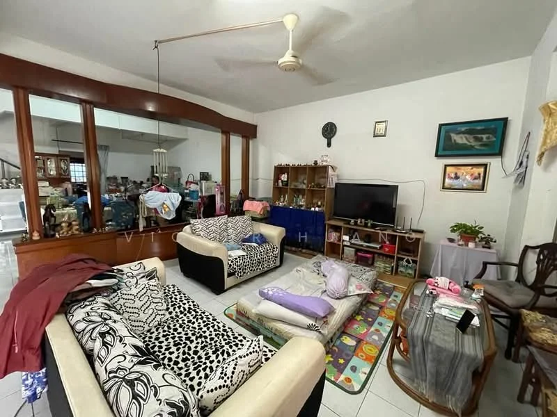 Living features: 3-seater fabric sofa with animal print, 2-seater fabric sofa in beige, coffee table, wall-mounted TV, wooden display cabinet, decorative wall clock, area rug with geometric pattern, ceiling fan, windows with sheer curtains, potted plants, framed artwork on walls, wooden armchair; style: traditional.