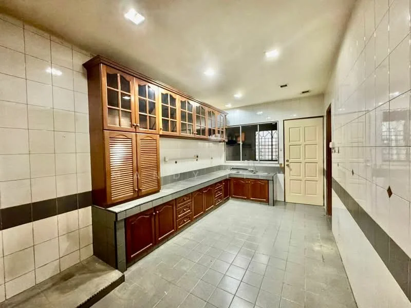Kitchen features: wooden cabinetry with glass-front upper cabinets, grey tiled flooring, white tiled walls, double-basin stainless-steel sink, chrome pull-down faucet, countertop with grey surface, built-in oven, window with security grille, door leading outside, under-cabinet lighting, wall-mounted cabinets, sliding door, decorative wooden louvered doors; style: modern.