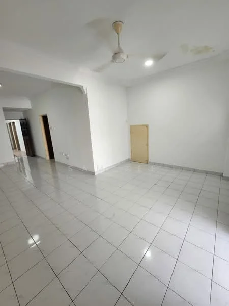 Room features: white painted walls, glossy ceramic tile flooring, ceiling fan, recessed downlights, doorway leading to another room, empty space, neutral color scheme; style: minimalist.