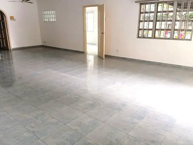Room features: glossy ceramic tile flooring, white painted walls, large windows with metal grilles, double-door entrance, ceiling fan, neutral color scheme, spacious layout, natural light from windows; style: modern; view: garden.