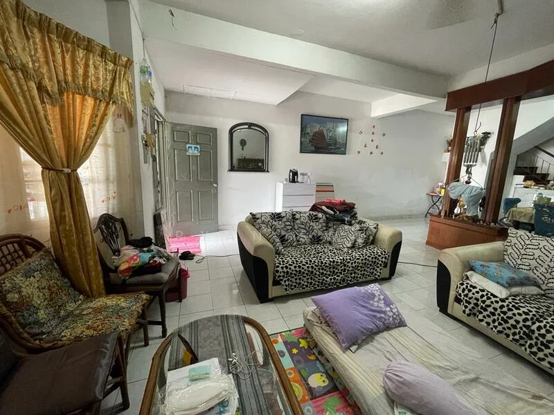 Living features: white painted walls, tiled flooring, sofa with leopard print upholstery, 2-seater fabric sofa, wooden armchair, coffee table, area rug with colorful pattern, decorative wall art, curtains with floral pattern, open layout, natural light from windows, ceiling fan; style: contemporary.