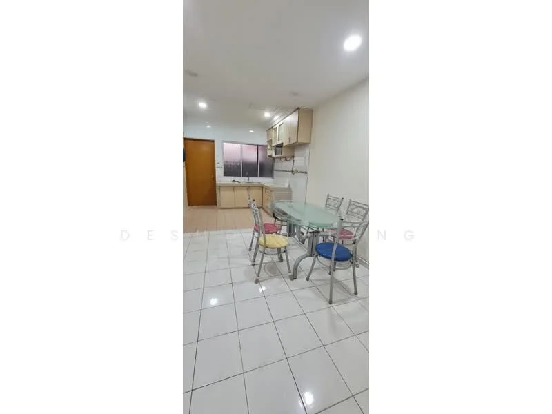 Kitchen features: white painted walls, glossy white tile flooring, ceiling with recessed downlights, glass-top dining table, metal dining chairs with colored cushions, wood cabinetry, stainless-steel sink, built-in kitchen countertop, window with city view; style: modern; view: city.