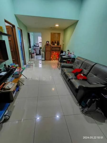 Living features: light green painted walls, glossy ceramic tile flooring, 3-seater leather sofa in grey, coffee table, TV console, wall-mounted TV, decorative artwork on wall, built-in cabinet, area rug, floor lamp; style: modern. Room features: open layout, doorway leading to another room, visible hallway.