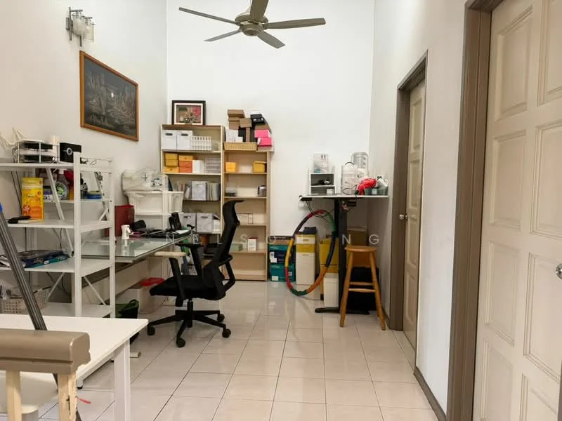 Study features: white walls, glossy tile flooring, 5-blade ceiling fan, wooden desk, black office chair, open shelving unit, storage boxes, printer, small table, colorful hula hoop, door with panel design, framed artwork on wall; style: modern.
