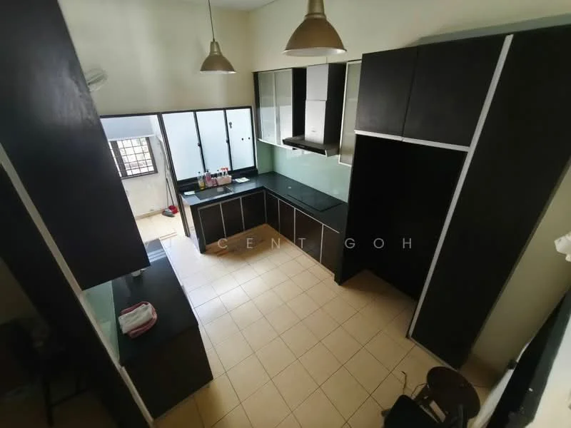 Kitchen features: black cabinetry, white countertops, stainless-steel sink, chrome pull-down faucet, built-in oven, freestanding range oven, ceramic tile flooring, pendant lighting, window for natural light, open layout, kitchen island, splashback, storage cabinets, wall-mounted shelves; style: modern.