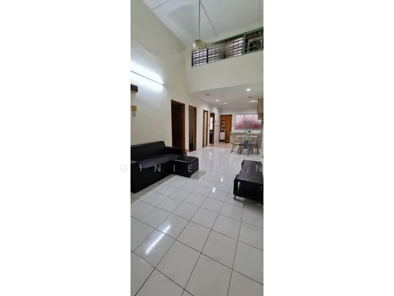 Living features: white painted walls, glossy white tile flooring, recessed downlights, black fabric sofa, glass coffee table, open layout, doorways leading to other rooms, large windows for natural light; style: modern.