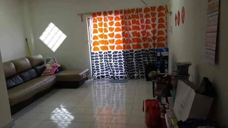 Living features: L-shaped brown leather sofa, white tiled flooring, orange and black patterned curtains, large window with grid design, wall-mounted calendar, decorative wall art, coffee table, open space layout; style: modern.