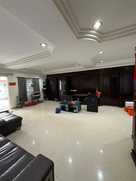 Living features: cream tiled flooring, white painted walls, tray ceiling with recessed lighting, large window with sheer curtains, dark wood feature wall, black coffee table, black storage unit, grey leather sofa, metal desk, office chair, decorative plant, wall-mounted TV; style: modern.