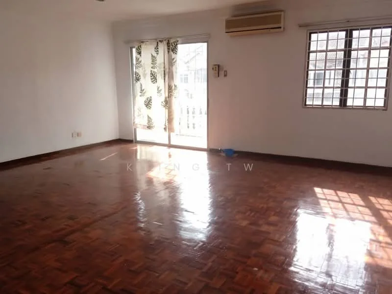 Living features: parquet wood flooring, white painted walls, floor-to-ceiling windows, sliding glass door, curtains with leaf pattern, 1 wall-mounted split AC, natural light from windows, balcony access, decorative wall paneling.