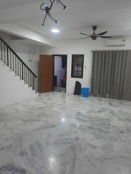 Living features: marble flooring, white painted walls, ceiling fan, recessed downlights, sliding door, curtains, staircase, open layout; style: modern.