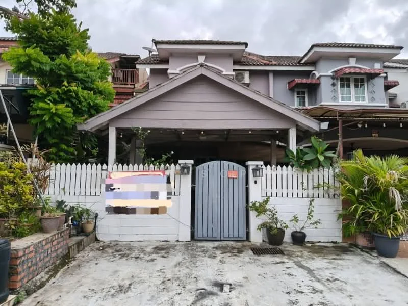 Exterior type: semi-detached house; features: grey painted facade, gabled roof, white picket fence, manicured garden, paved driveway, covered car porch, mature trees, outdoor lighting, decorative plants; style: modern.