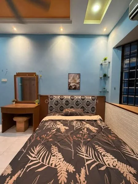 Bedroom features: queen-size bed with floral-patterned bedding, upholstered headboard, wooden bedside table, dressing table with mirror, wooden stool, blue painted walls, white tiled flooring, recessed ceiling lights, ceiling fan, large window with black metal grille, decorative wall shelf with plants, framed artwork on wall; style: modern.