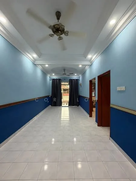 Room features: blue painted walls, white tiled flooring, tray ceiling, recessed downlights, 5-blade ceiling fan, curtains, doorway to adjacent rooms, decorative crown moulding; style: modern.
