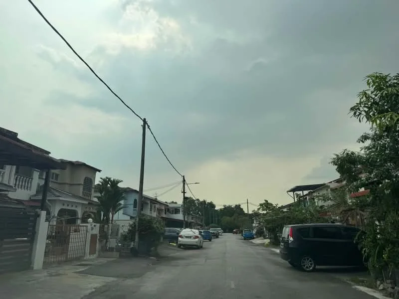 Exterior type: linked terrace house; features: residential street, two-storey houses, manicured lawns, paved driveway, overhead power lines, trees along the street, cloudy sky, parked cars; style: modern.