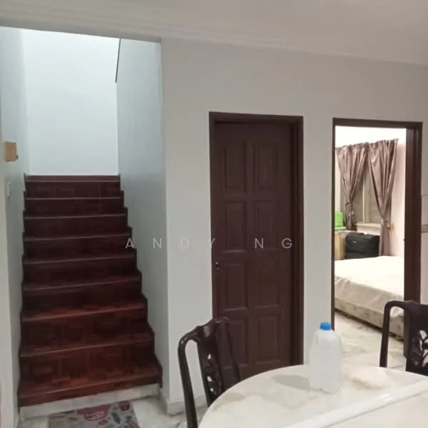 Room features: white painted walls, wooden staircase, marble flooring, brown wooden door, curtains in beige, dining table with chairs, plastic water bottle on table; style: modern.