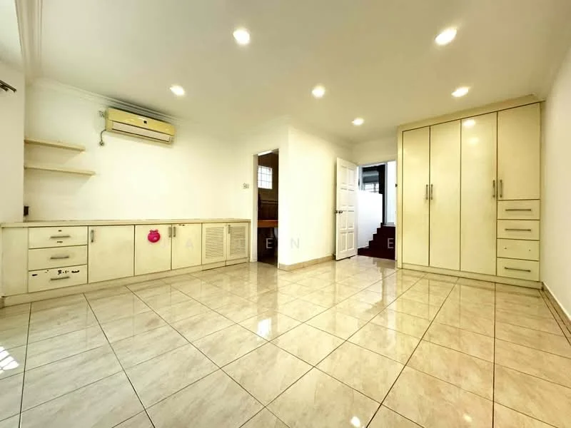 Room features: cream cabinetry with drawers and shelves, white walls, glossy beige tile flooring, 1 wall-mounted split AC, recessed LED downlights, built-in wardrobe with sliding doors, ventilation grille, doorway leading to another room, staircase visible in the background; style: modern.