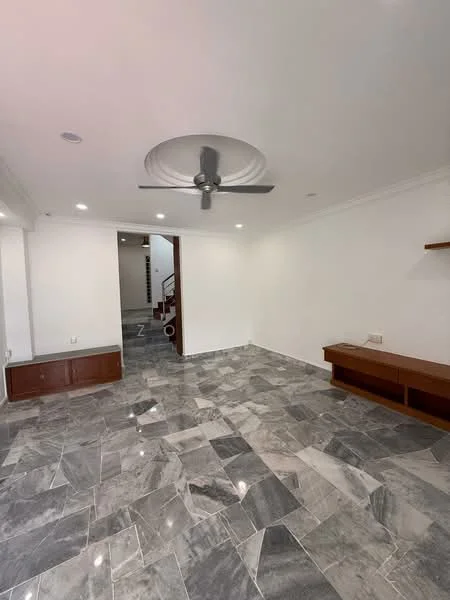 Living features: grey marble flooring, white painted walls, tray ceiling, 5-blade ceiling fan with light, recessed downlights, built-in wooden shelf, open space layout, staircase visible in background; style: modern.