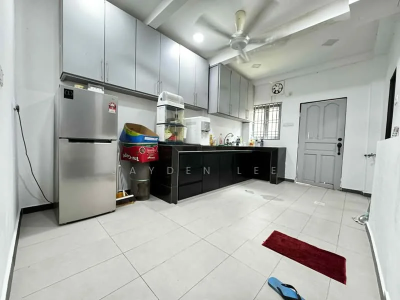 Kitchen features: grey cabinetry, stainless-steel fridge, single-bowl stainless-steel sink, chrome pull-down faucet, white tiled backsplash, black countertop, built-in oven, 3-blade ceiling fan, window with grille, tile flooring, red bath mat, door with panel design; style: modern.