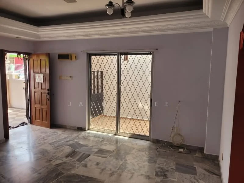 Room features: marble tile flooring, purple painted walls, crown moulding, sliding glass door with security grille, ceiling light fixture, wooden door, window with security grille, visible outdoor area; style: modern.
