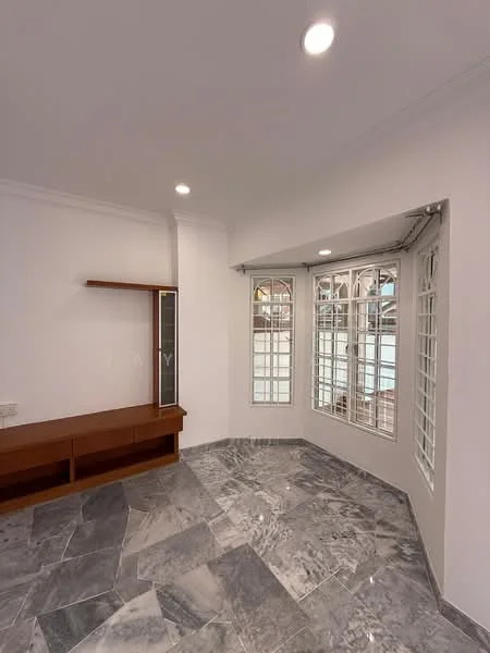 Room features: white painted walls, marble flooring, bay windows, built-in wooden shelf, recessed downlights; style: modern; view: pool.