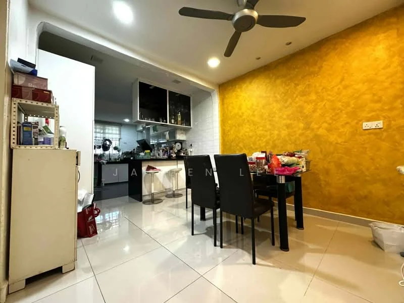Dining features: yellow textured accent wall, white painted walls, glossy white tile flooring, 4 black dining chairs, black dining table, ceiling fan, recessed lighting, open layout to kitchen, storage cabinet, decorative items on table; style: modern. Kitchen features: open kitchen layout, black cabinetry, white countertops, kitchen island with bar stools, stainless-steel appliances, sink, window above sink; style: modern.