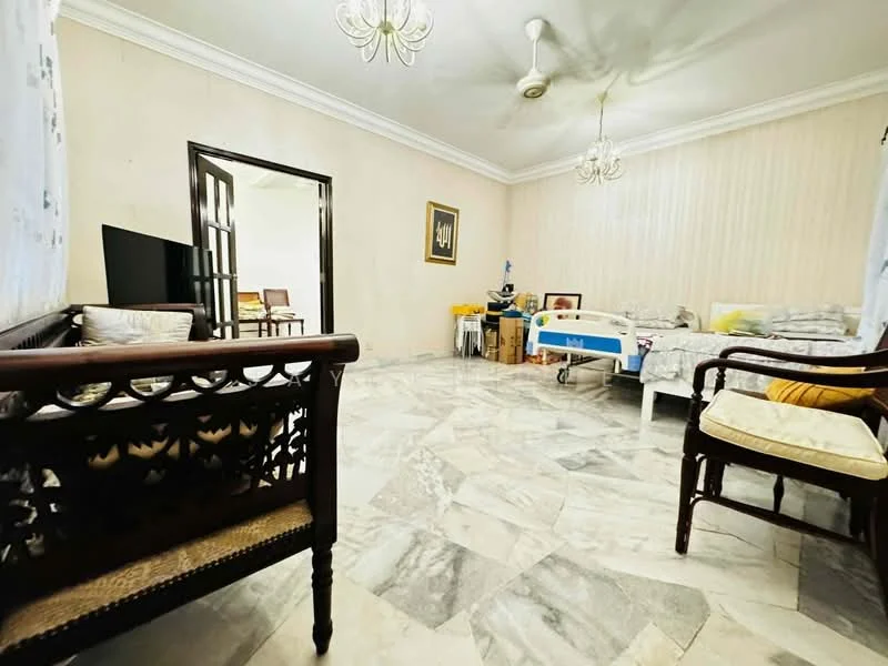 Living features: marble flooring, white painted walls, tray ceiling, 2 ceiling fans, wooden sofa set, armchair with cushion, TV console, decorative wall art, large windows with sheer curtains, dining area visible through doorway, bed with bedding visible; style: traditional.