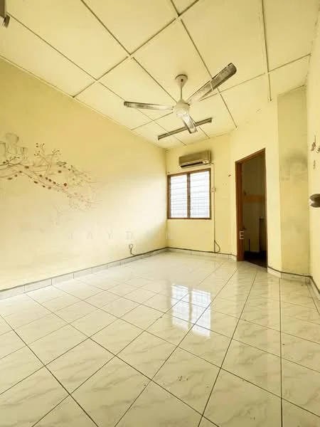 Room features: white painted walls with mural, marble tile flooring, ceiling fan, window with grid, wall-mounted air conditioning unit, doorway leading to another room, light-colored ceiling, baseboard.