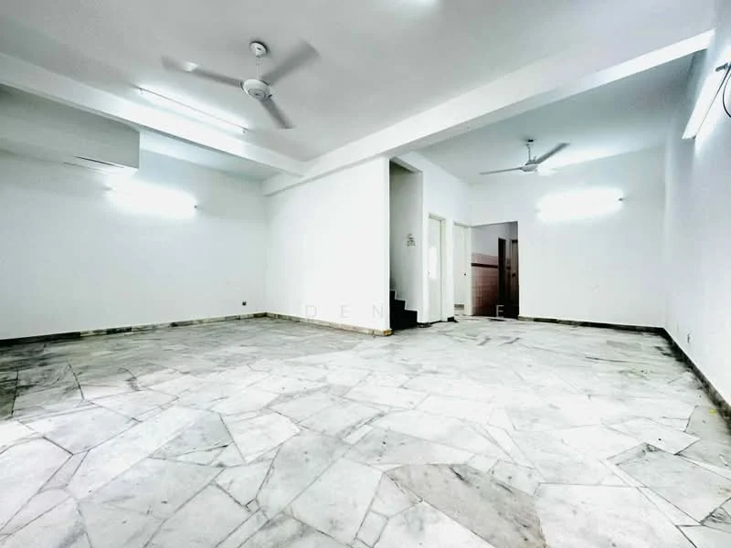 Room features: marble flooring, white painted walls, recessed downlights, 2 ceiling fans, open layout, no visible furniture, large windows, neutral color scheme; style: modern.