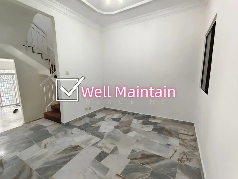 Room features: marble flooring, white painted walls, crown moulding, staircase visible, large windows, natural light, open layout, neutral color scheme; style: modern.