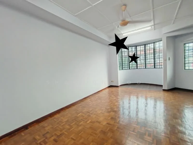 Room features: white painted walls, parquet wood flooring, ceiling fan, floor-to-ceiling windows, natural light from windows.