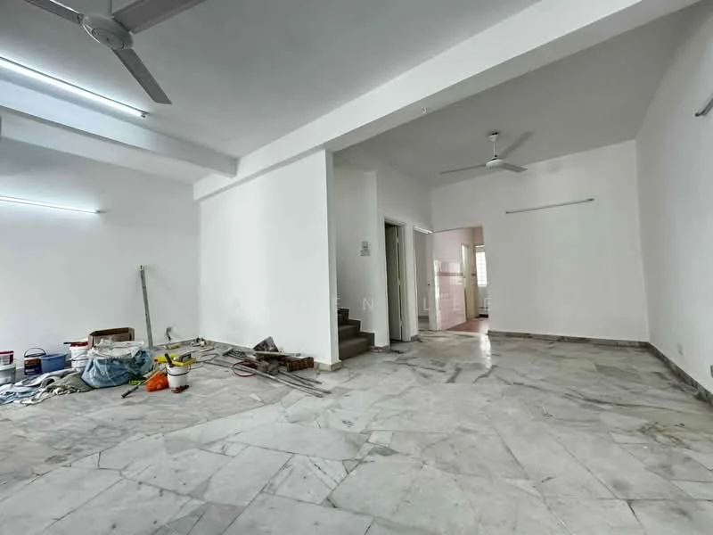 Room features: white painted walls, marble flooring, ceiling fan, recessed downlights, staircase, open layout, unfinished space with paint cans, natural light from windows; style: modern.