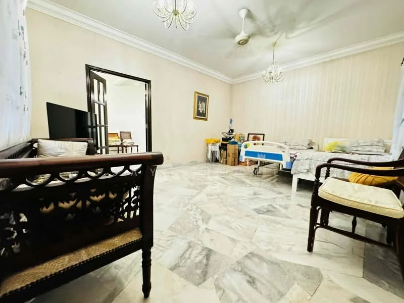 Living features: marble flooring, cream painted walls, tray ceiling, 2 ceiling fans, wall-mounted TV, wooden sofa with intricate design, upholstered armchair, decorative wall art, large windows with sheer curtains, dining table visible through doorway; style: traditional.