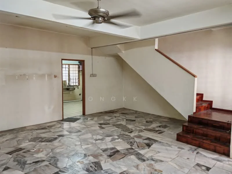 Living features: marble flooring, white painted walls, ceiling fan, staircase, natural light from windows, open layout, no visible furniture, neutral color scheme; style: minimalist. Room features: doorway leading to another room, window with grid pattern.
