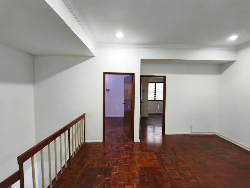 Room features: white painted walls, parquet wood flooring, crown moulding, doorway leading to another room, window with natural light, open space layout, wooden railing, light ceiling.
