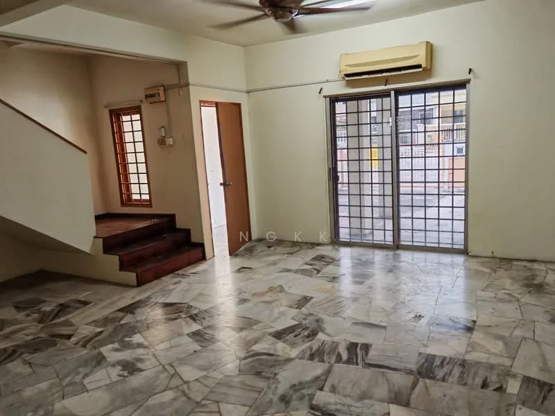 Living features: marble flooring, 5-blade ceiling fan, sliding glass door, floor-to-ceiling windows, cream painted walls, wall-mounted air conditioning unit, decorative window grills, open layout, natural light, access to outdoor space; style: modern. Room features: staircase, wooden steps, cream painted walls, doorway leading to another room.
