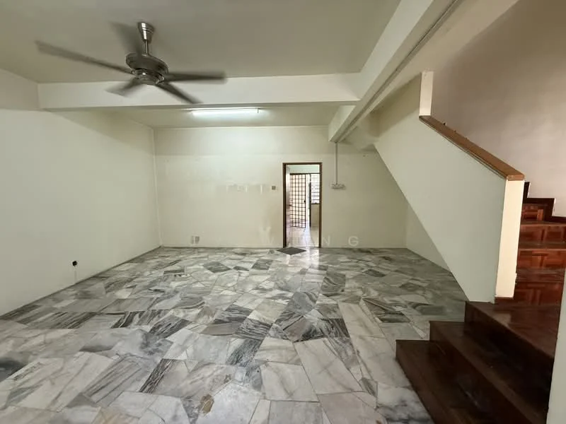 Living features: marble flooring, white painted walls, ceiling fan, staircase, large windows, natural light, open layout, no visible furniture.