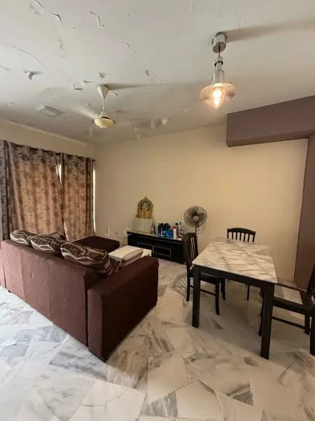 Living features: 3-seater fabric sofa in brown, marble flooring, ceiling fan, pendant light, TV console, wall-mounted fan, dining table with marble top, 4 dining chairs, curtains with floral pattern, decorative wall art; style: modern.