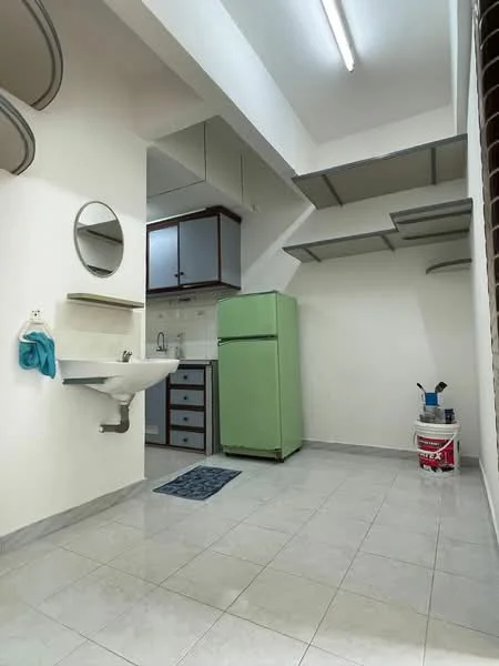 Room features: green fridge, white sink, round mirror, grey tiled flooring, white walls, wood cabinetry, countertop, kitchenette area, ceiling lights; style: modern.