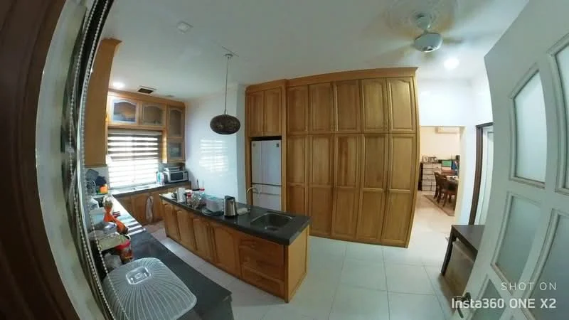 Kitchen features: wood cabinetry, black granite countertop, stainless-steel sink, chrome pull-down faucet, built-in refrigerator, microwave, oven, ceramic tile flooring, recessed downlights, ceiling fan, window with blinds, open shelving, kitchen island; style: modern.
