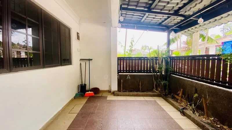 Room features: tiled flooring, white painted walls, sliding glass door, covered ceiling, outdoor plants, wooden railing, outdoor broom, outdoor dustpan; view: garden.