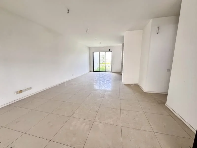 Room features: white painted walls, tile flooring, floor-to-ceiling windows, natural light, minimalist design, no visible furniture, neutral color palette, open layout; style: modern; view: garden.