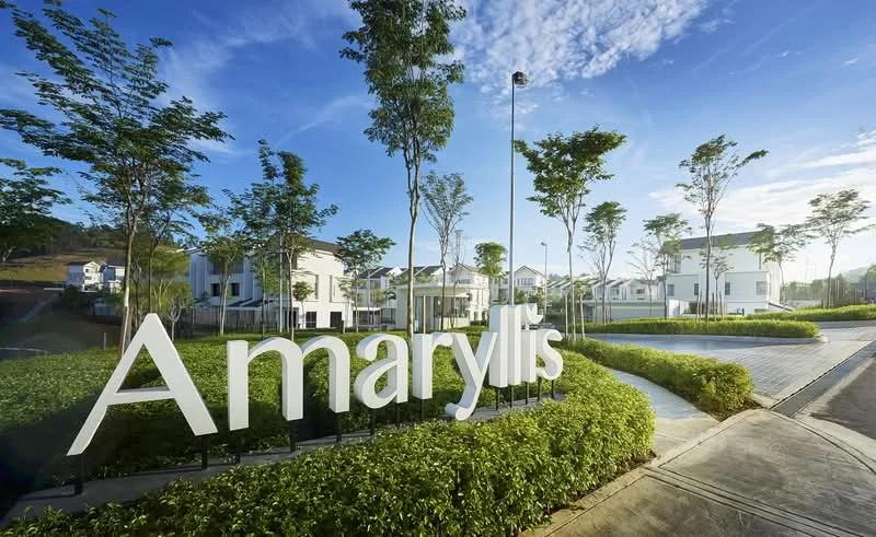 Exterior type: linked terrace house; features: white painted facade, manicured lawn, mature trees, paved driveway, signage with 'Amaryllis', surrounded by greenery, modern architectural design; style: modern.