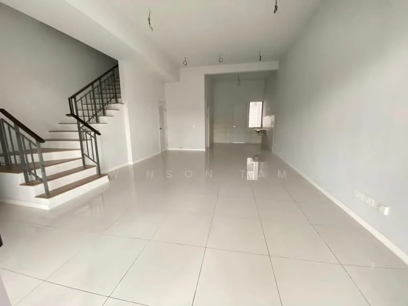 Living features: white painted walls, glossy white tile flooring, recessed downlights, staircase with wooden handrail, large windows allowing natural light, open layout, high ceiling, neutral color scheme; style: modern.