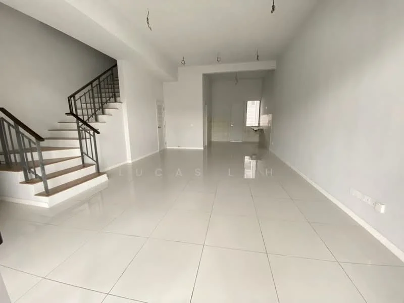 Room features: white painted walls, glossy white tile flooring, staircase with wooden steps and metal railing, recessed downlights, large windows allowing natural light, open layout, high ceiling, no visible furniture; style: modern.
