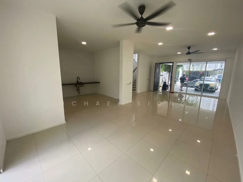 Living features: white painted walls, glossy ceramic tile flooring, 2 ceiling fans, large glass sliding doors, natural light from windows, open layout, minimalist design, no visible furniture; style: modern; view: street.