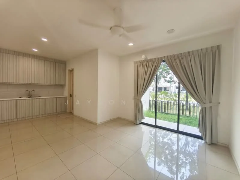 Living features: cream tiled flooring, white painted walls, ceiling fan, floor-to-ceiling sliding glass door, sheer curtains, kitchenette with cabinetry, single-bowl stainless-steel sink, chrome pull-down faucet; style: modern; view: garden.